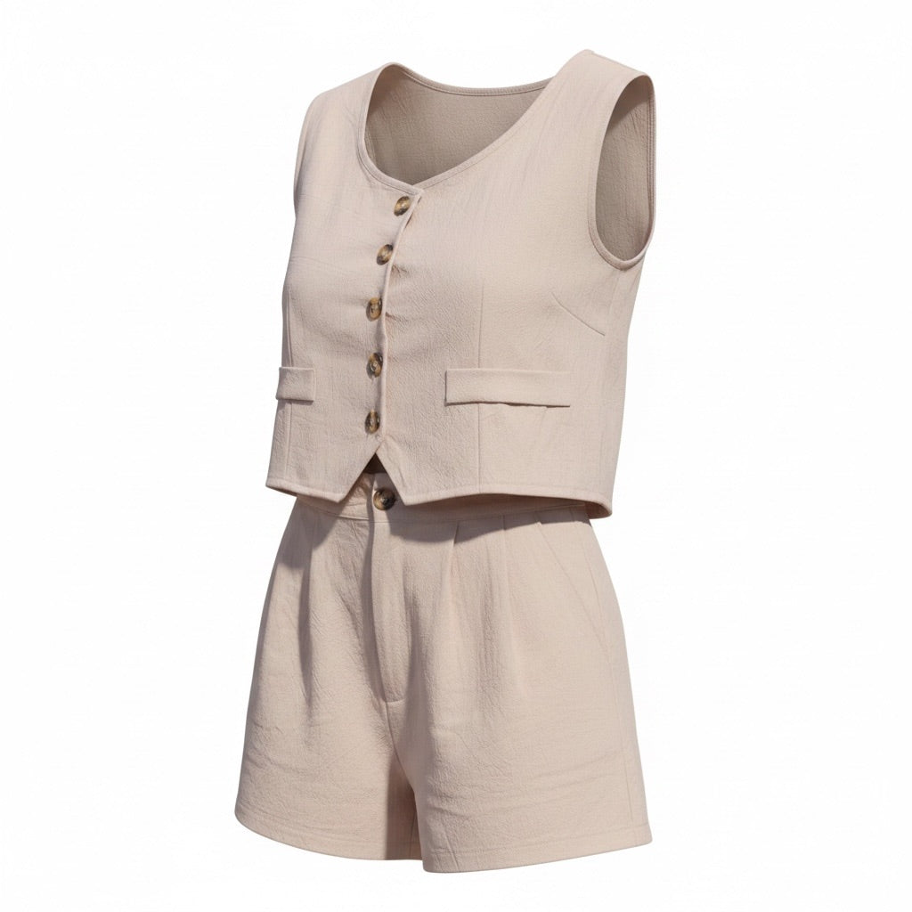 Galaad - Beige Two-Piece Set (Vest Top & Shorts)
